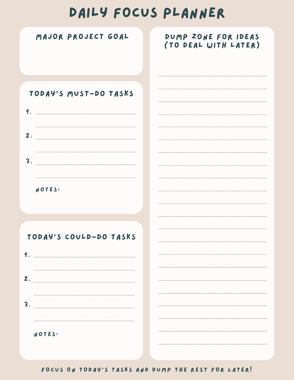 Daily Focus Planner printable PDF preview showing task sections and dump zone