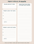 Daily Focus Planner printable PDF preview showing task sections and dump zone