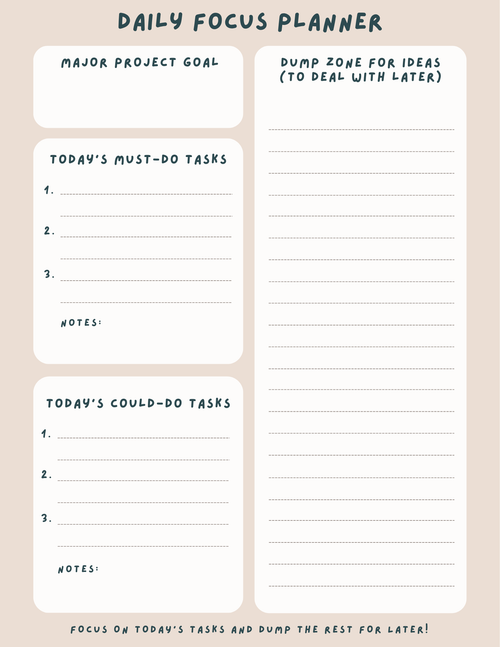 Daily Focus Planner printable PDF preview showing task sections and dump zone